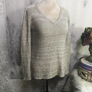 BB Dakota Tessie Metallic Sequin Sweater sz S Cream V-Neck Split Side Back Vent